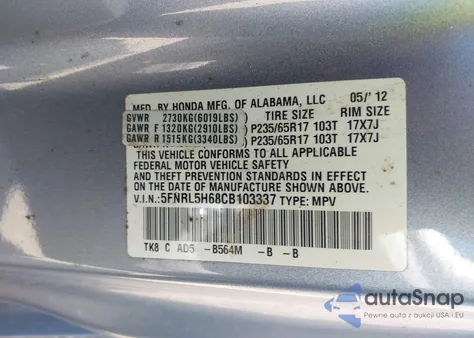 2012 Honda Odyssey Ex-L from USA, damaged, VIN 5FNRL5H68CB103337